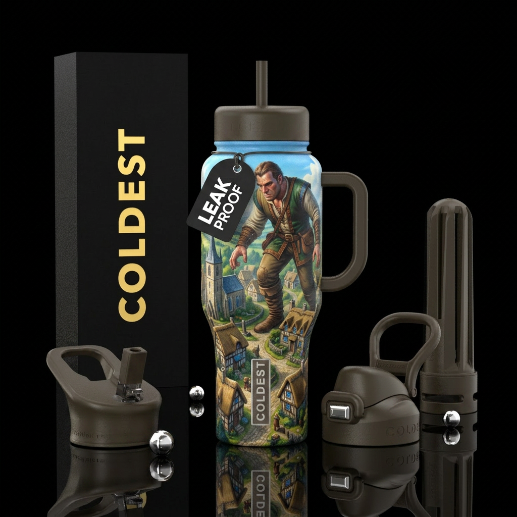 Giant trying to sneak through a medieval village water bottle design