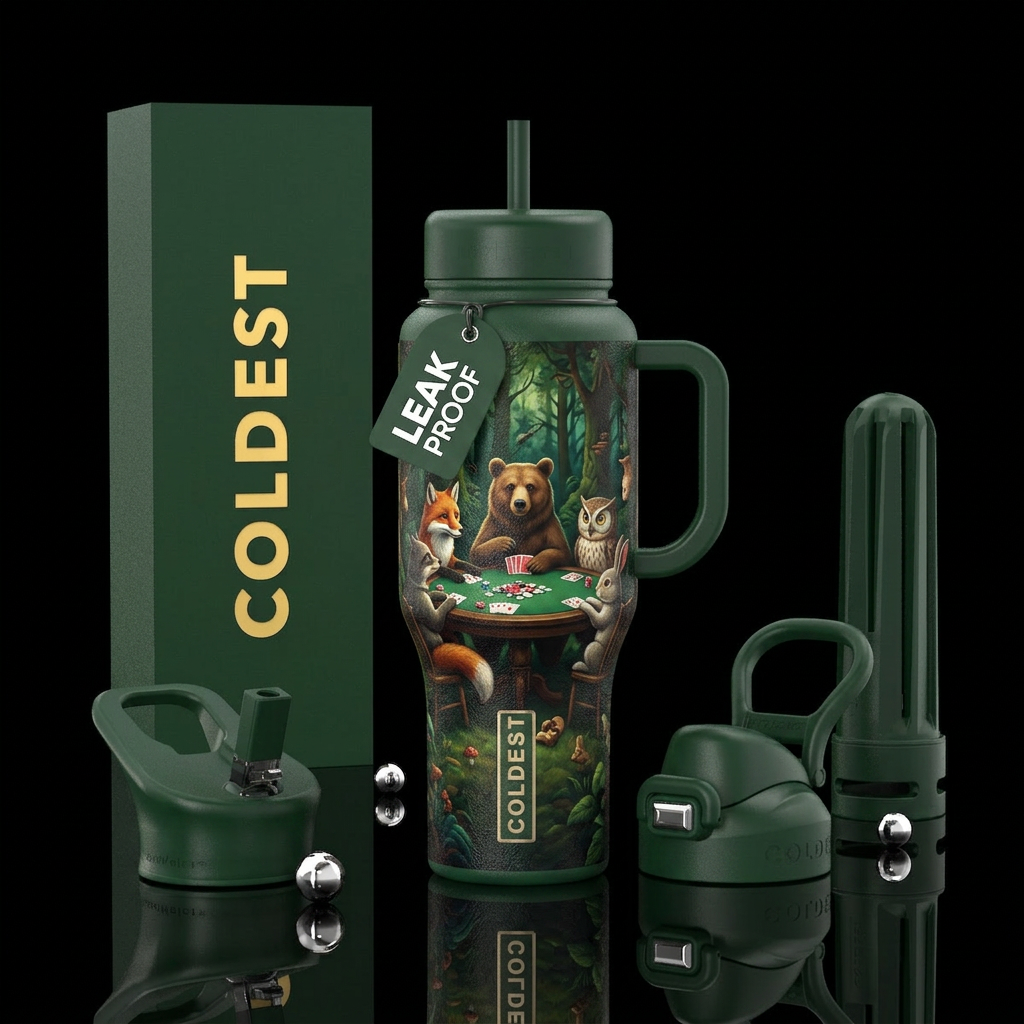 Forrest animals playing poker in the woods water bottle design