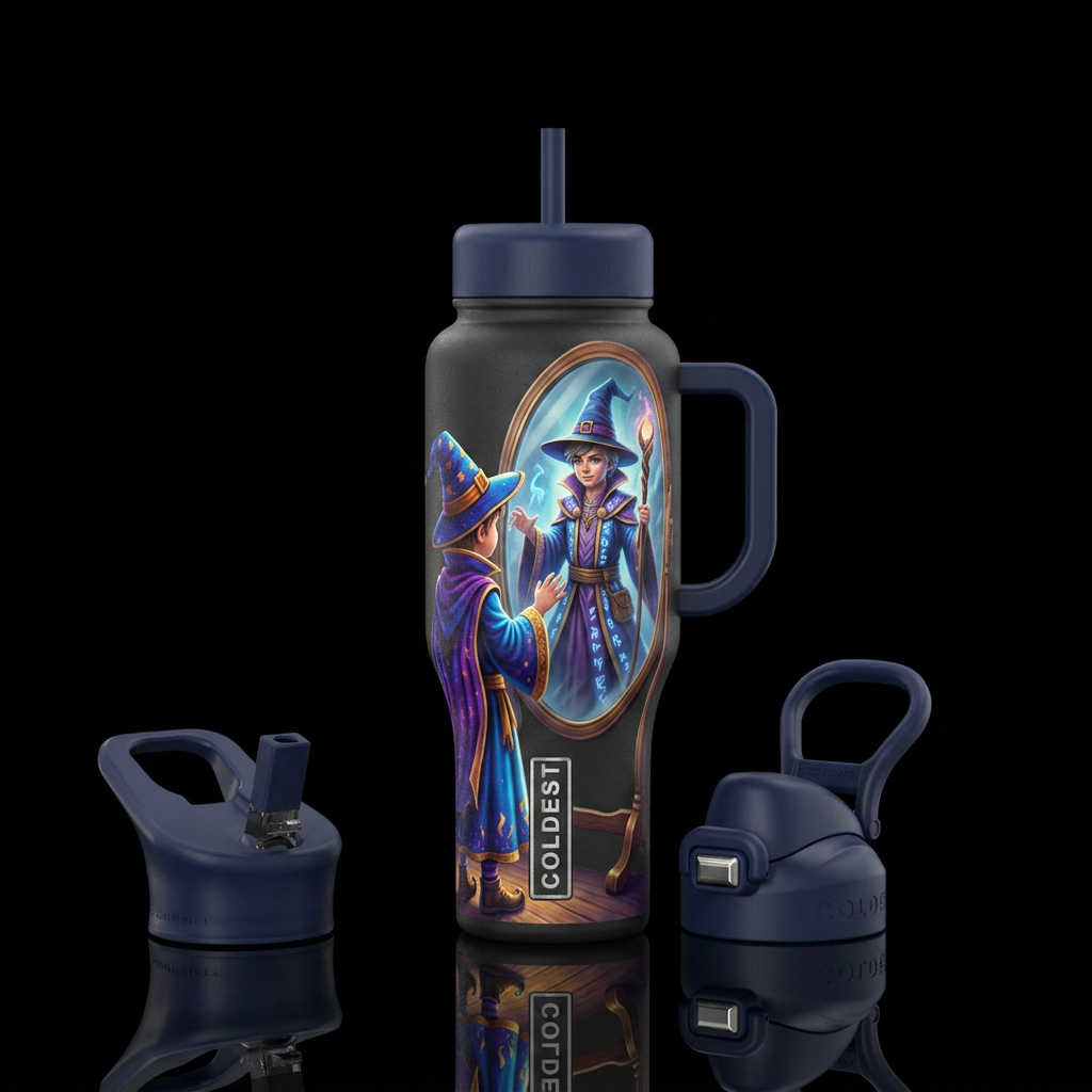 Child in halloween costume looking into a mirror w... water bottle design