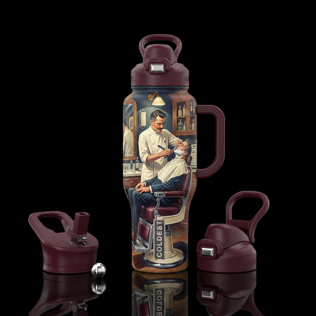 Barber shaving a man in barber chair circa 1950 water bottle design