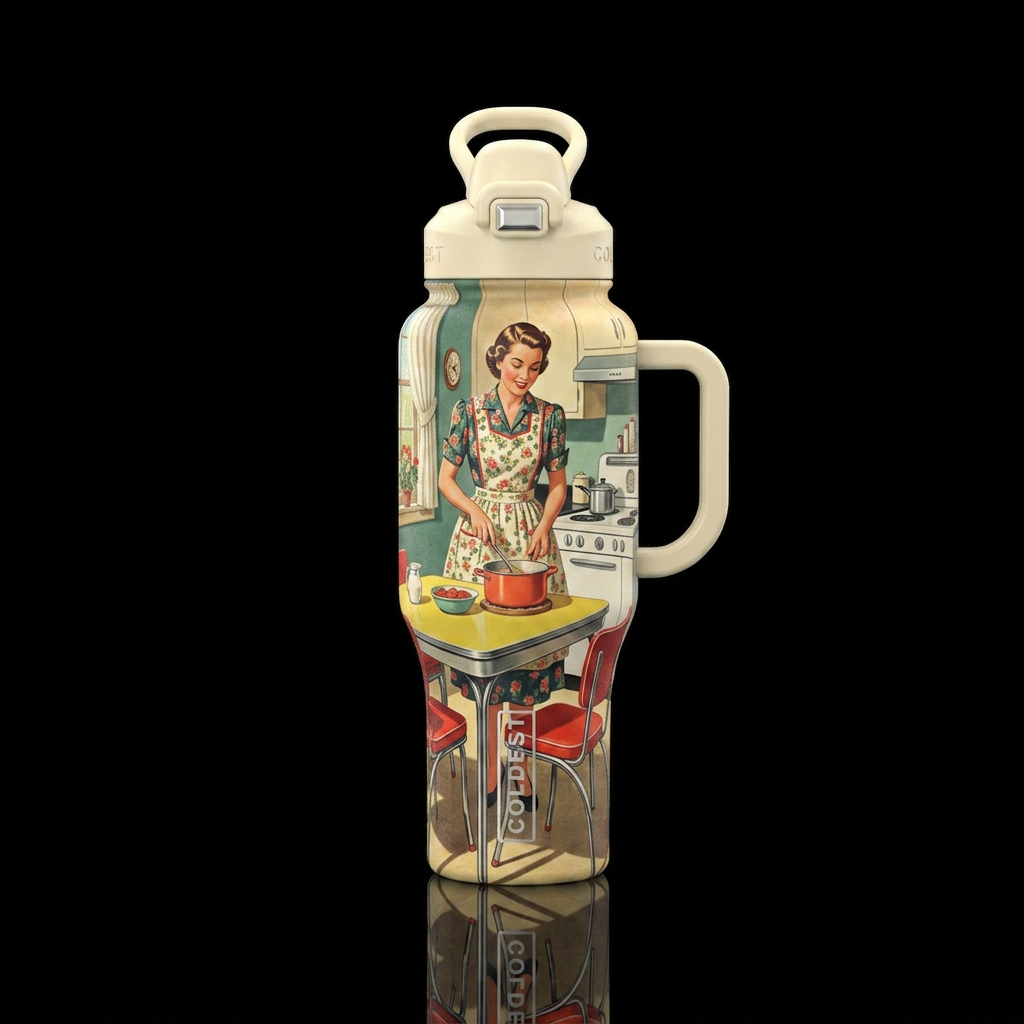 Mother cooking circa 1950 water bottle design
