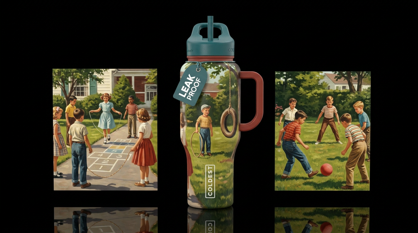 kids playing in the yard circa 1950 water bottle design