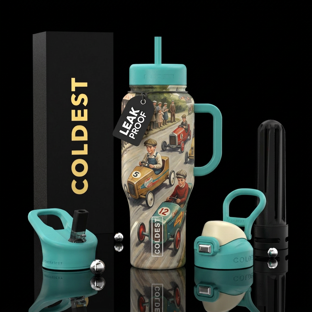 Kids racing soap box cars circa 1950 water bottle design