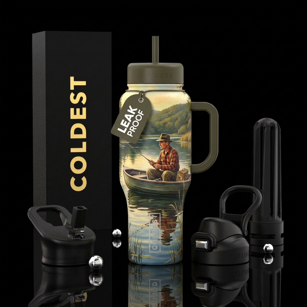fishing at a pond circa 1950 water bottle design