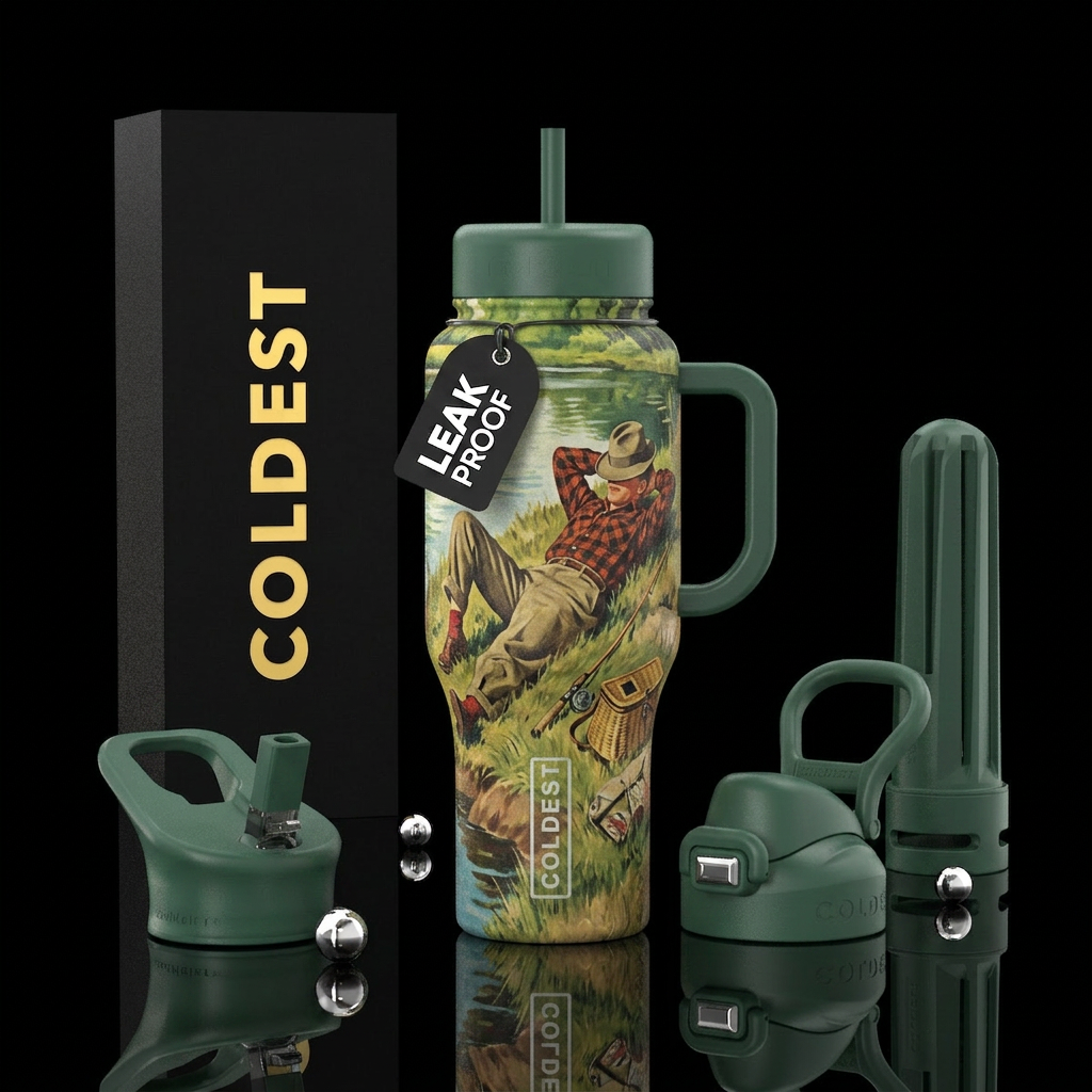 fishing on the bank of a pond while laying back wi... water bottle design