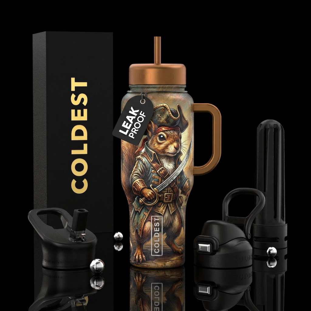 Squirrel dressed as a pirate, ready to fight with ... water bottle design