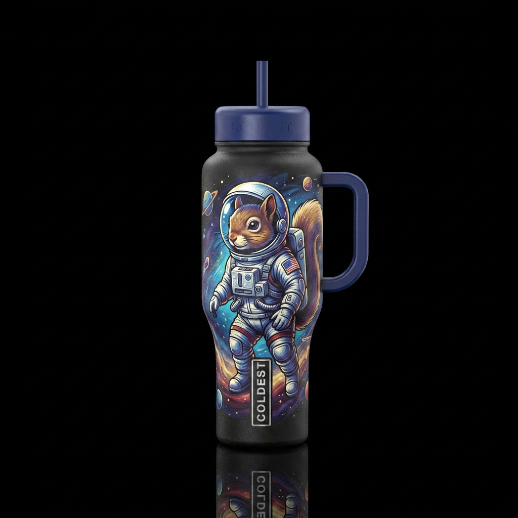 Squirrel dressed as an astronaut water bottle design