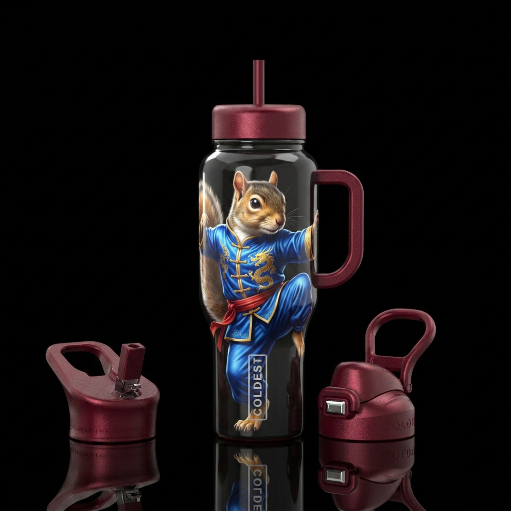 Squirrel dressed as kung fu master water bottle design
