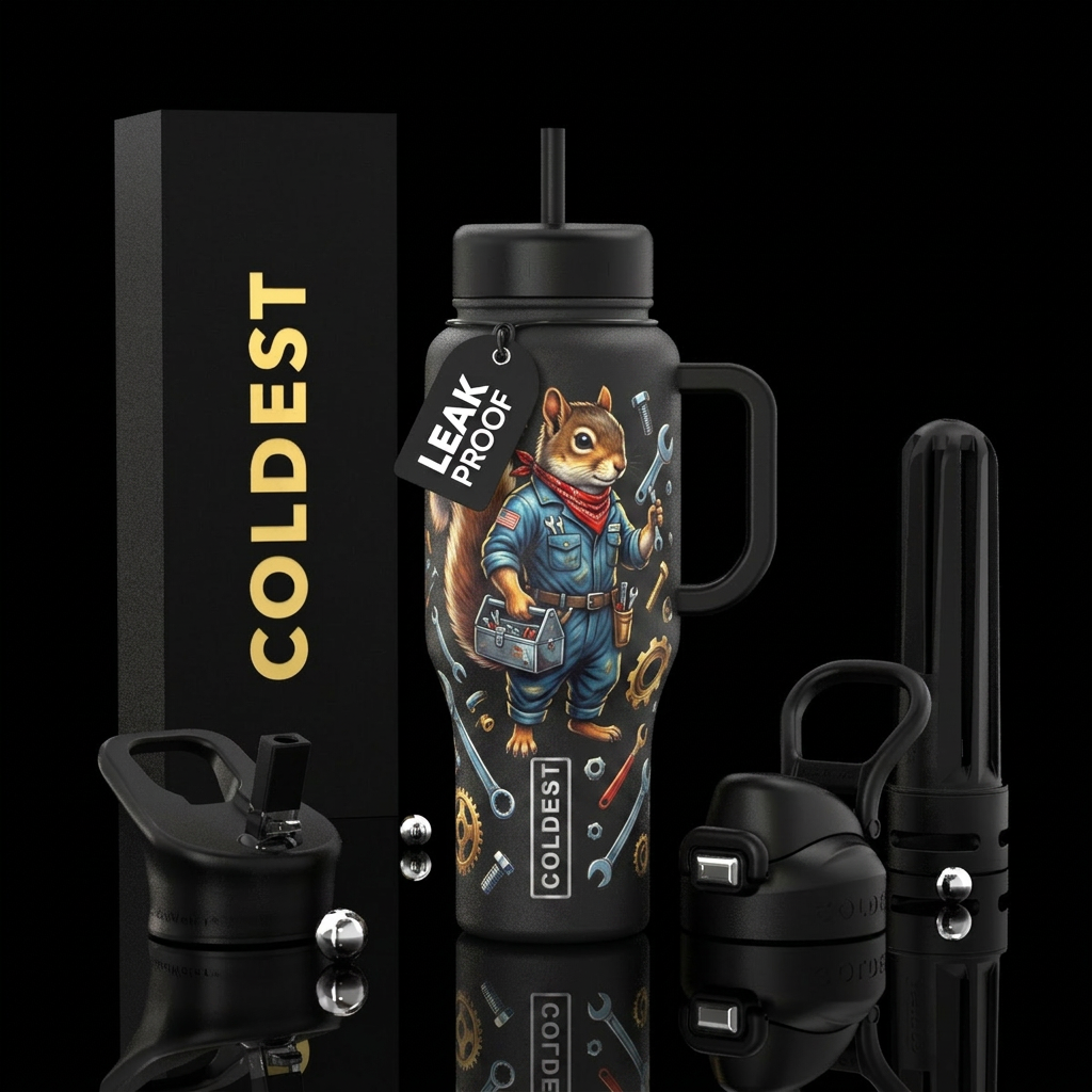 Squirrel dressed as MEchanic water bottle design