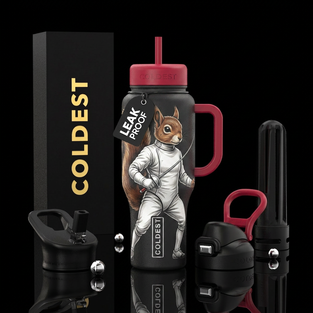 Squirrel dressed as fencer water bottle design
