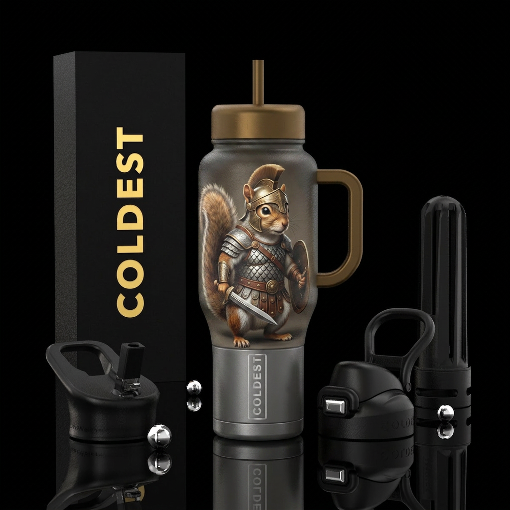 Squirrel dressed as gladiator water bottle design