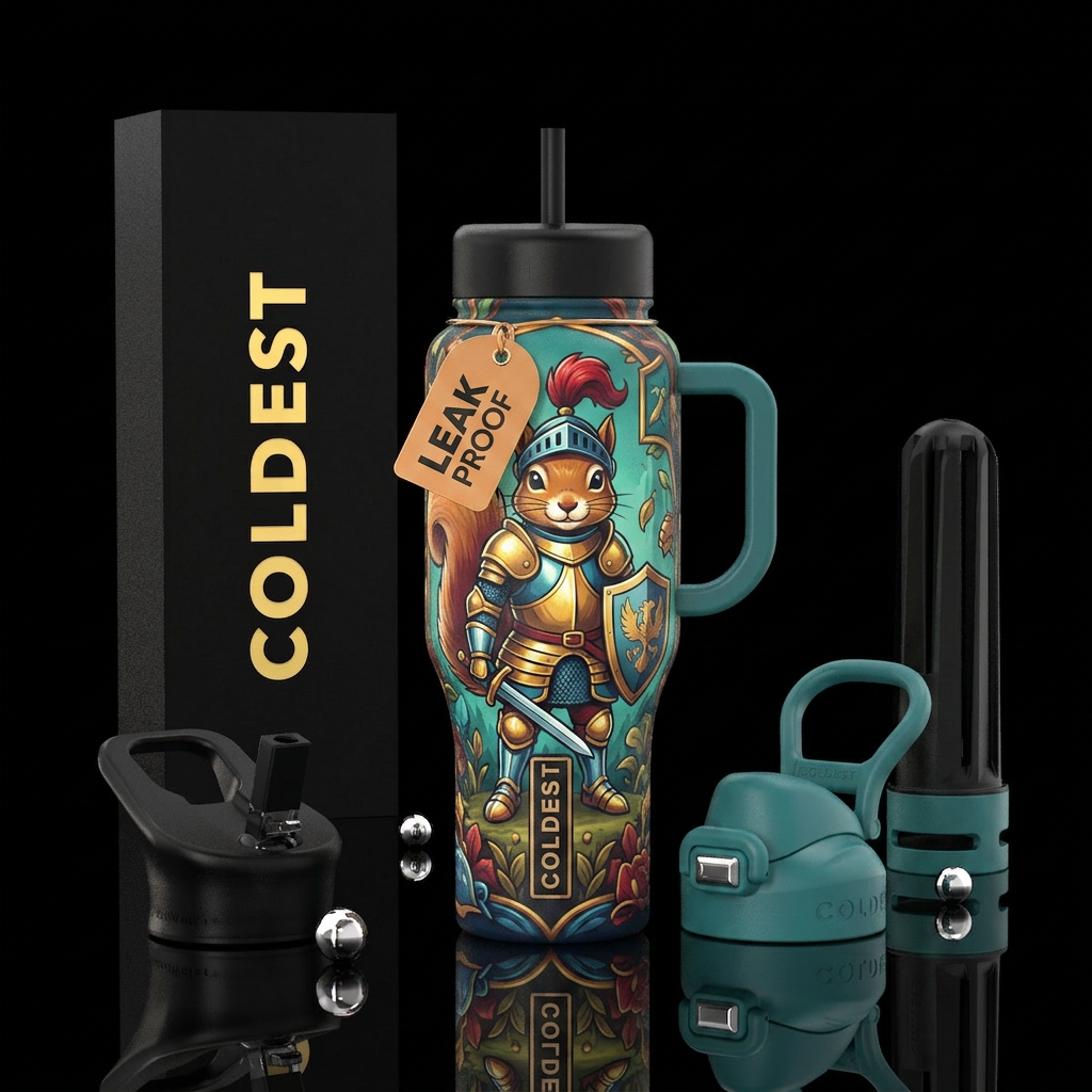 Squirrel dressed as knight water bottle design