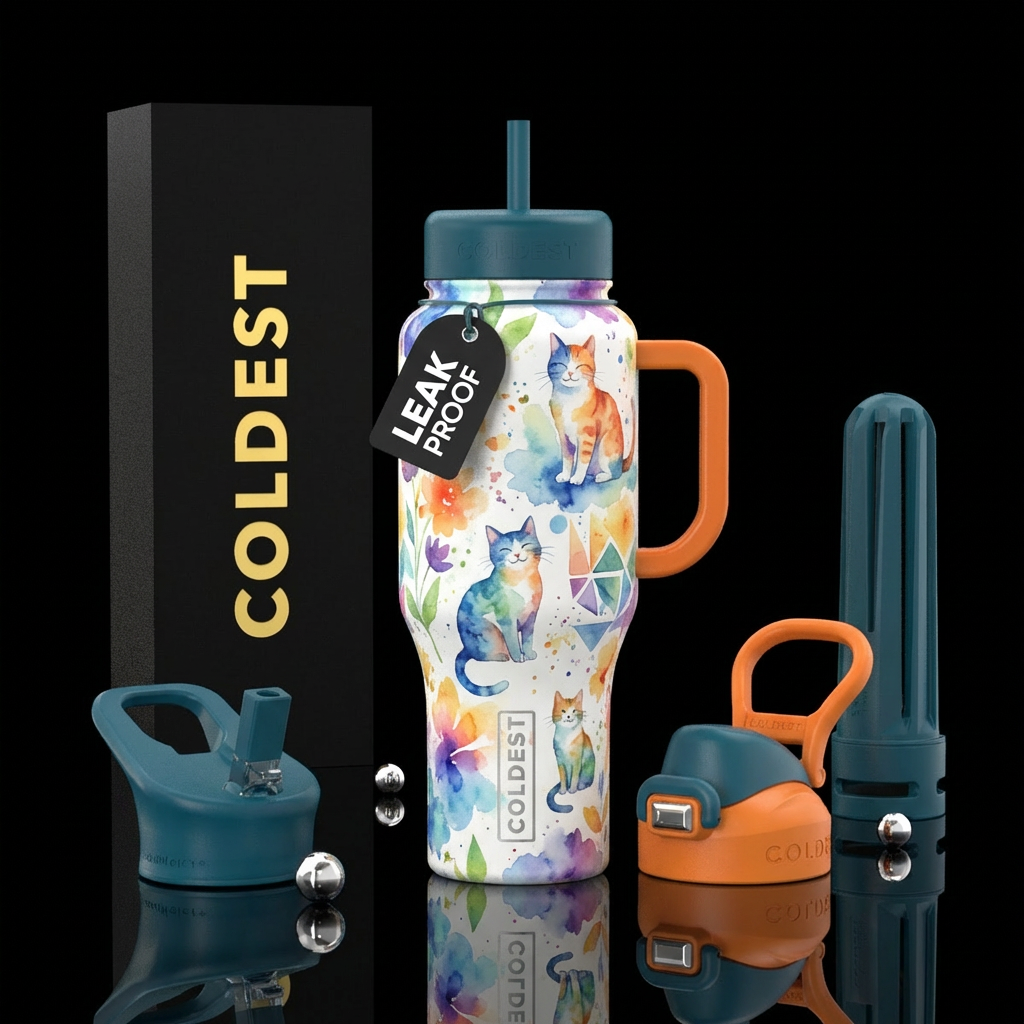 cat,, watercolor, happy mood, beautiul water bottle design