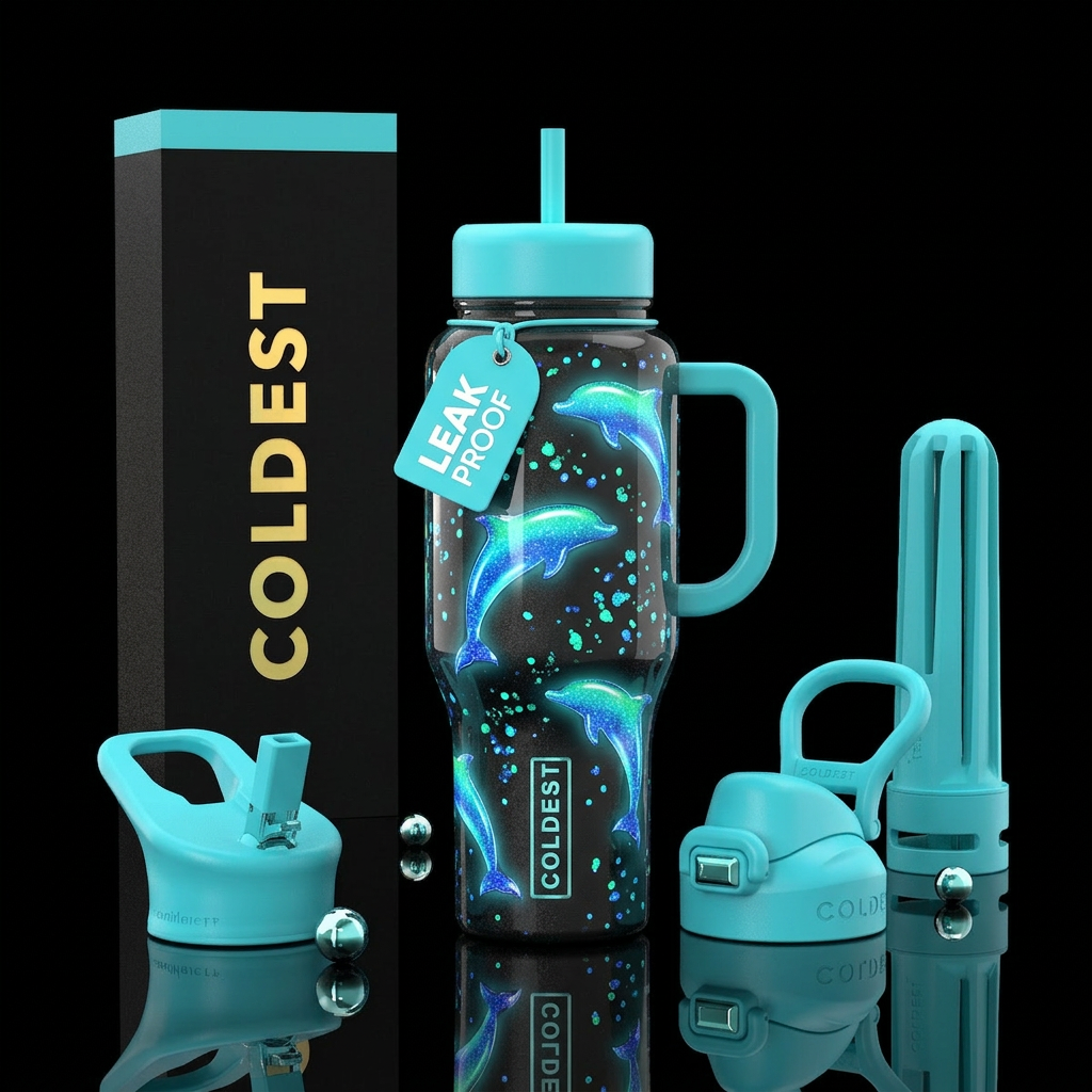 polished, sparkly, glowie dolphin, shiny water bottle design