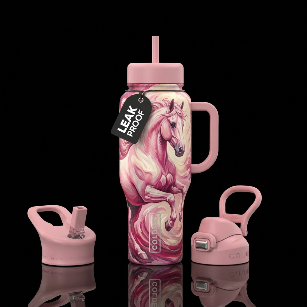 beautiful pink and white horse water bottle design