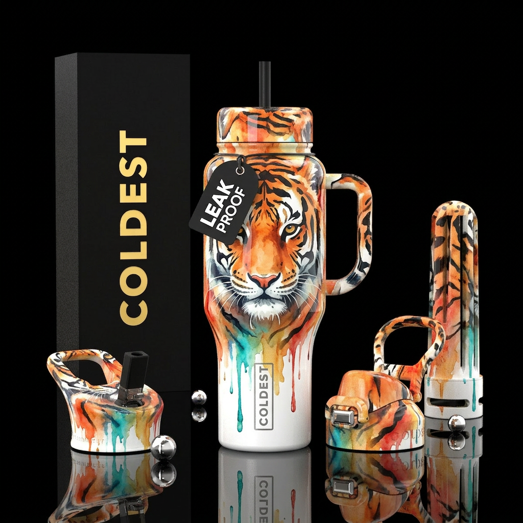 watercolor, glossy, tiger, dripping water bottle design