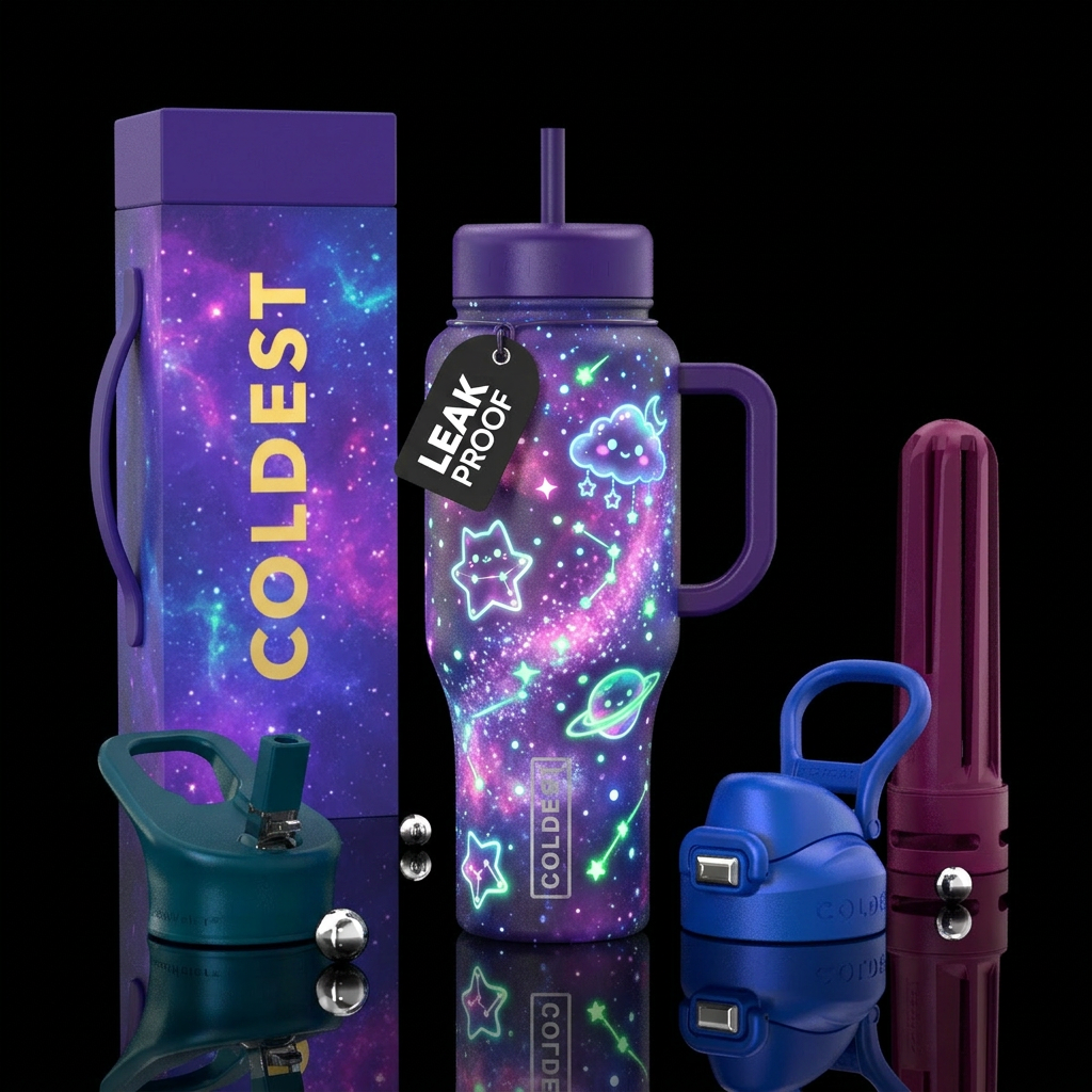 glowie, magical, vibrant,cute, matching box water bottle design