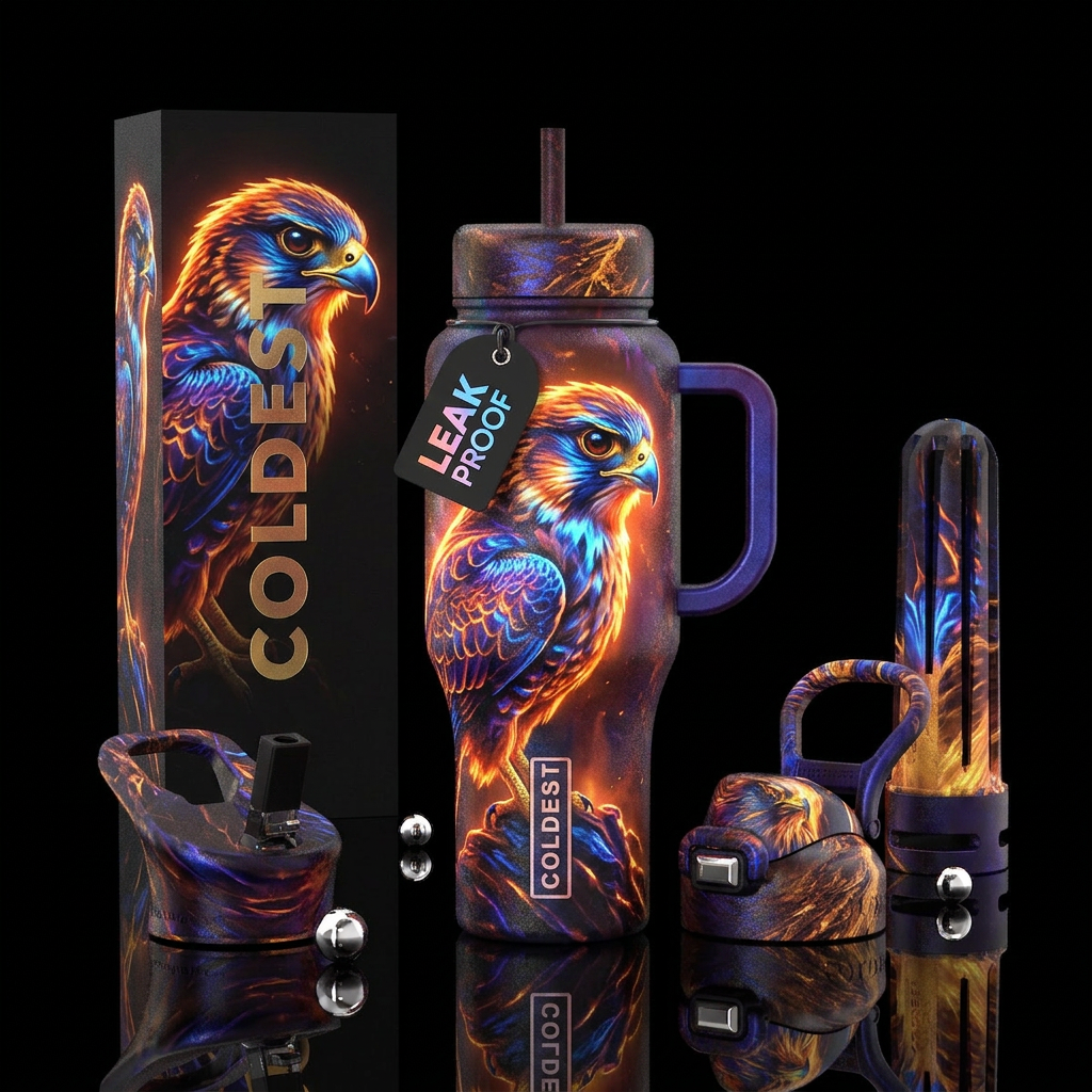 fierce, falcon, edgy,glowy,matching box water bottle design