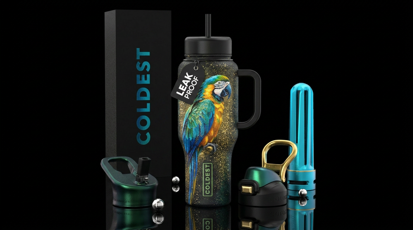 sparkly, beautiul, parrot, playful, magical, reali... water bottle design