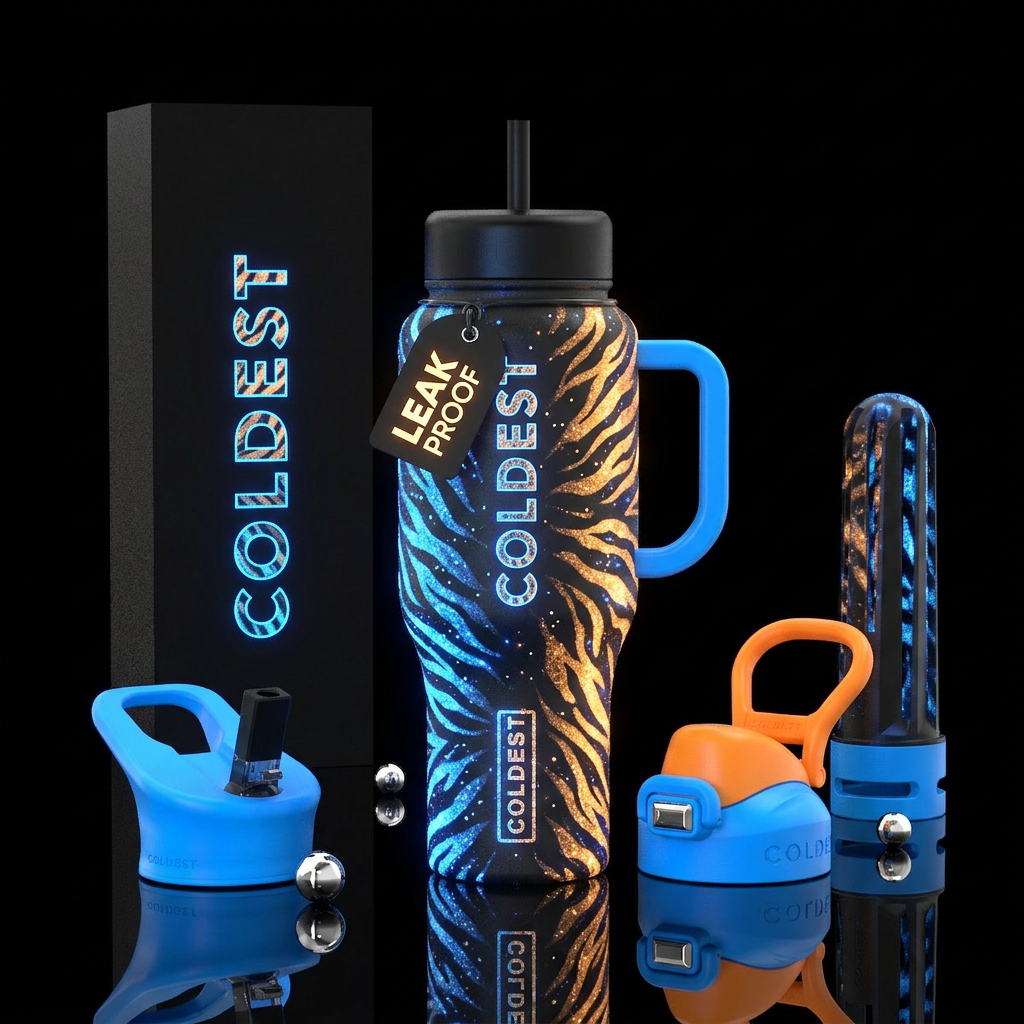realism, tiger, glowie, sparkly, vibrant, electric water bottle design