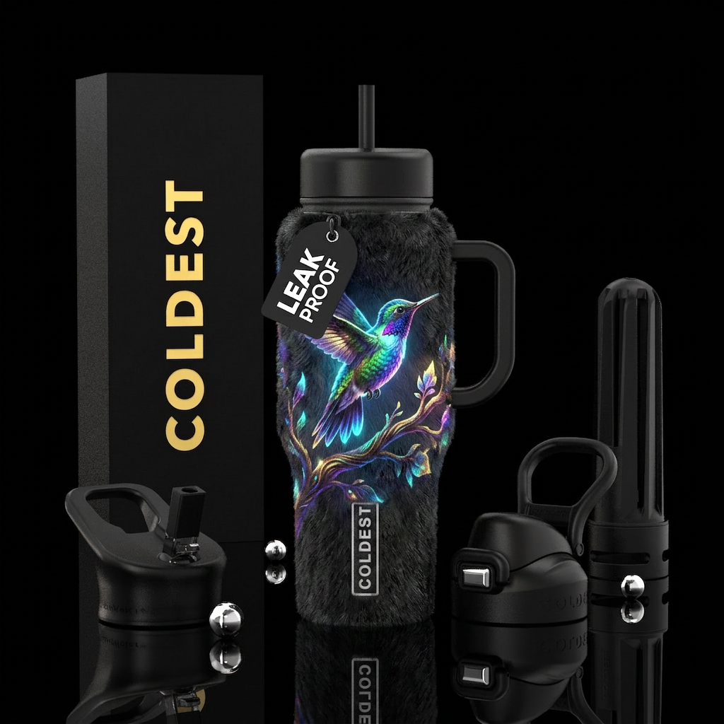 hummingbird, bioluminescent, fur, magical water bottle design