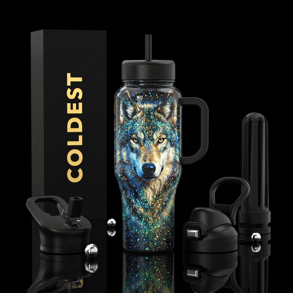 Wolf,, realism, beautiul, sparkly water bottle design