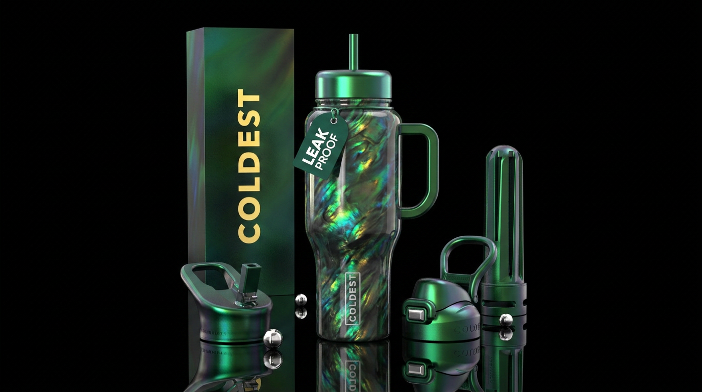 Green and black opal,shimmer, iridescent water bottle design