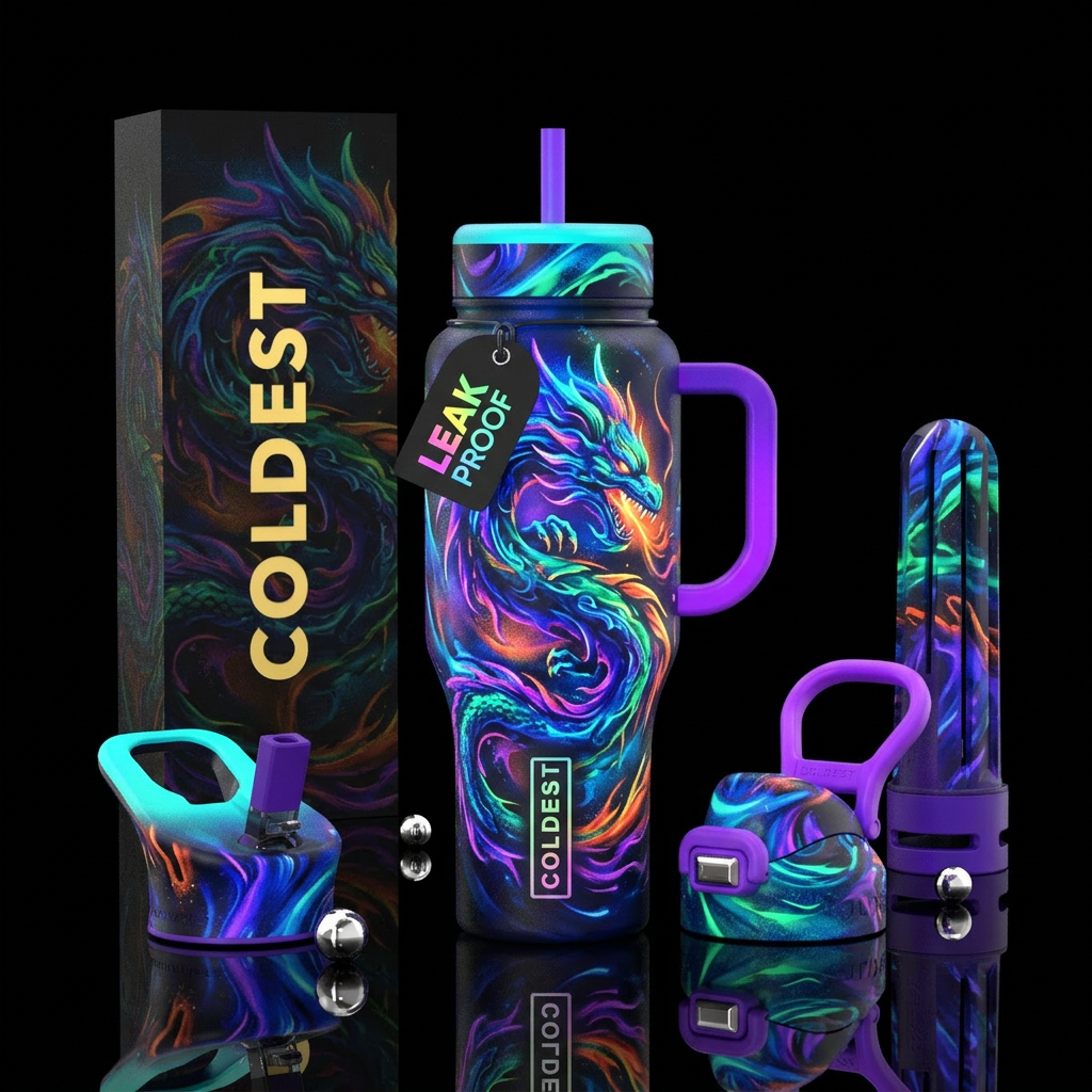 dragon, abstract, liquid, spray painted, vibrant, ... water bottle design