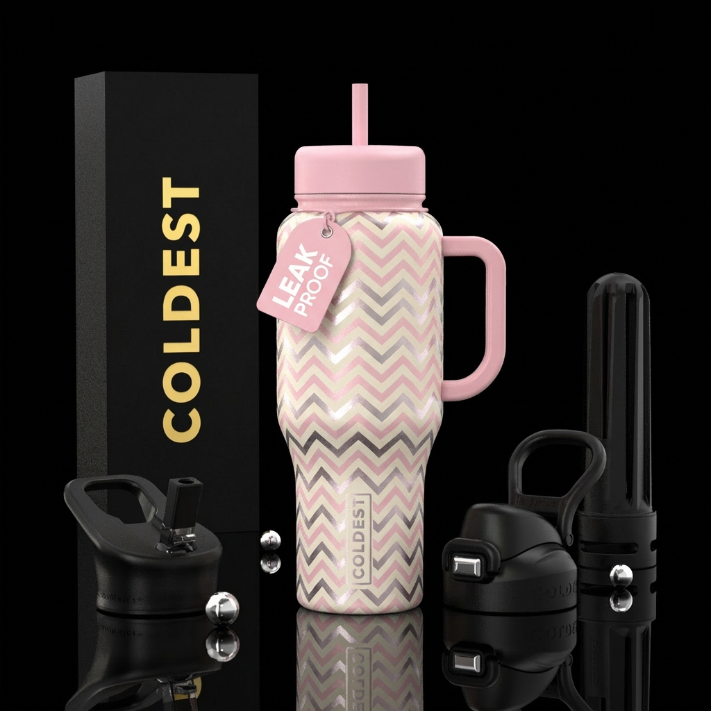Baby pink and silver and cream small chevron patte... water bottle design