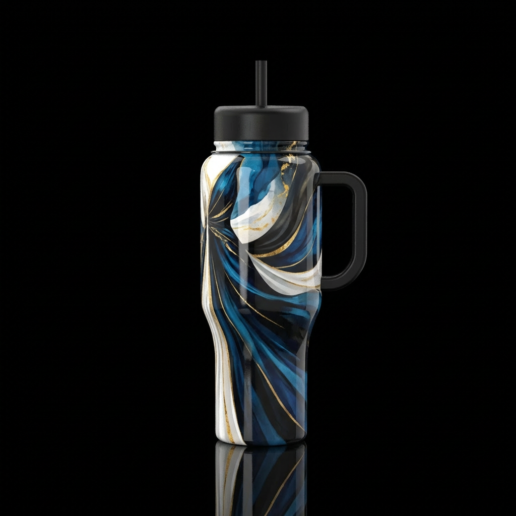 Blue and black or white and gold dress abstract water bottle design