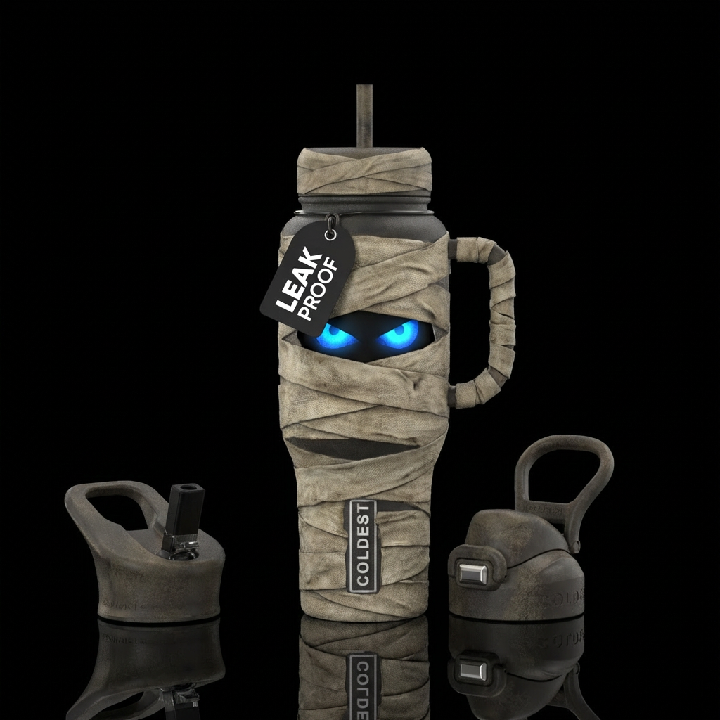 Bottle wrapped like a mummy with 2 eyes peeking ou... water bottle design