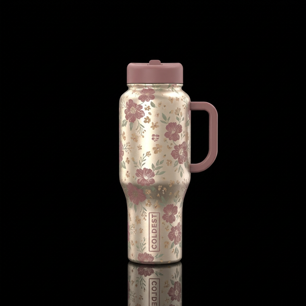 Champaign colored bottle with dirty rose colored f... water bottle design