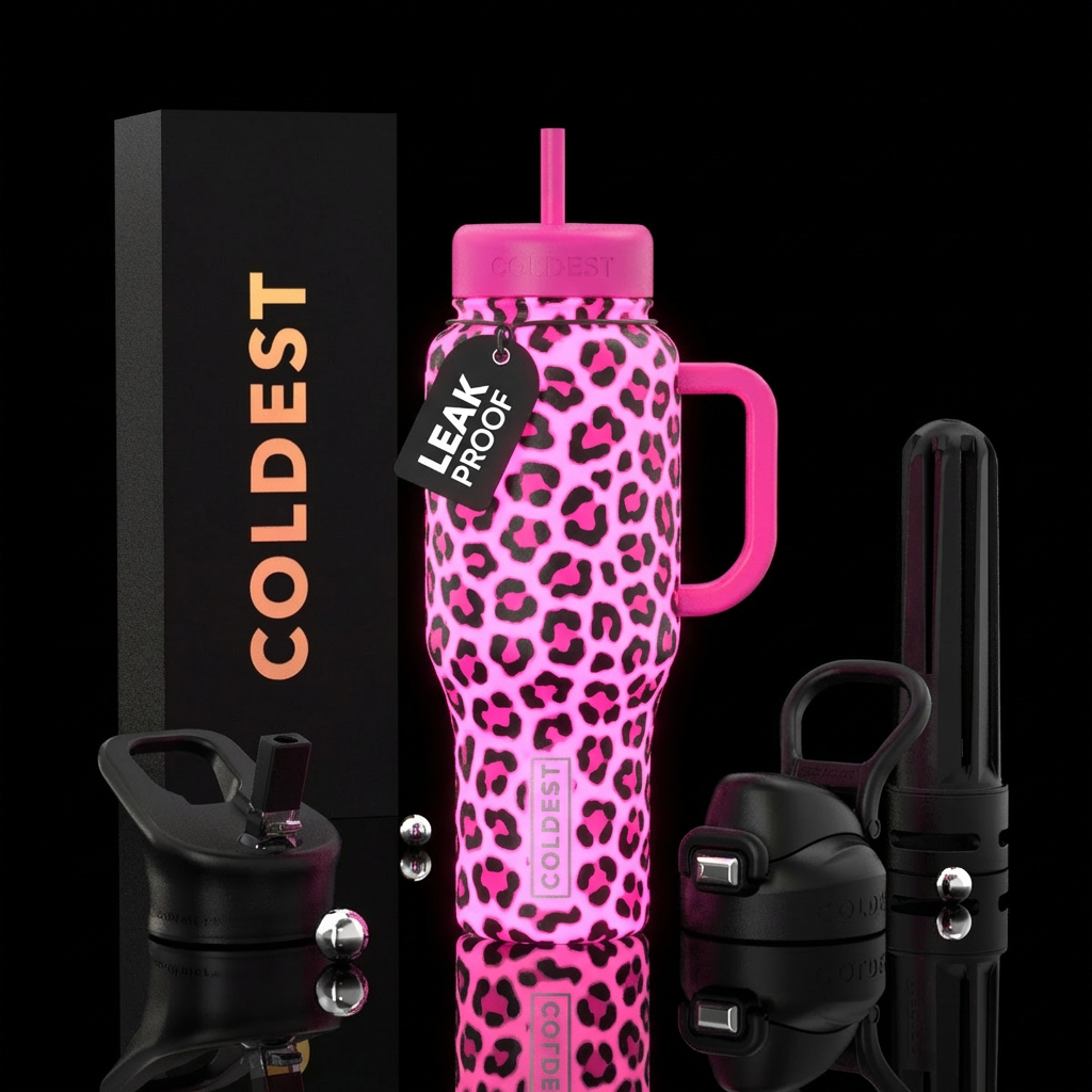 Glowing leopard pink and black water bottle design