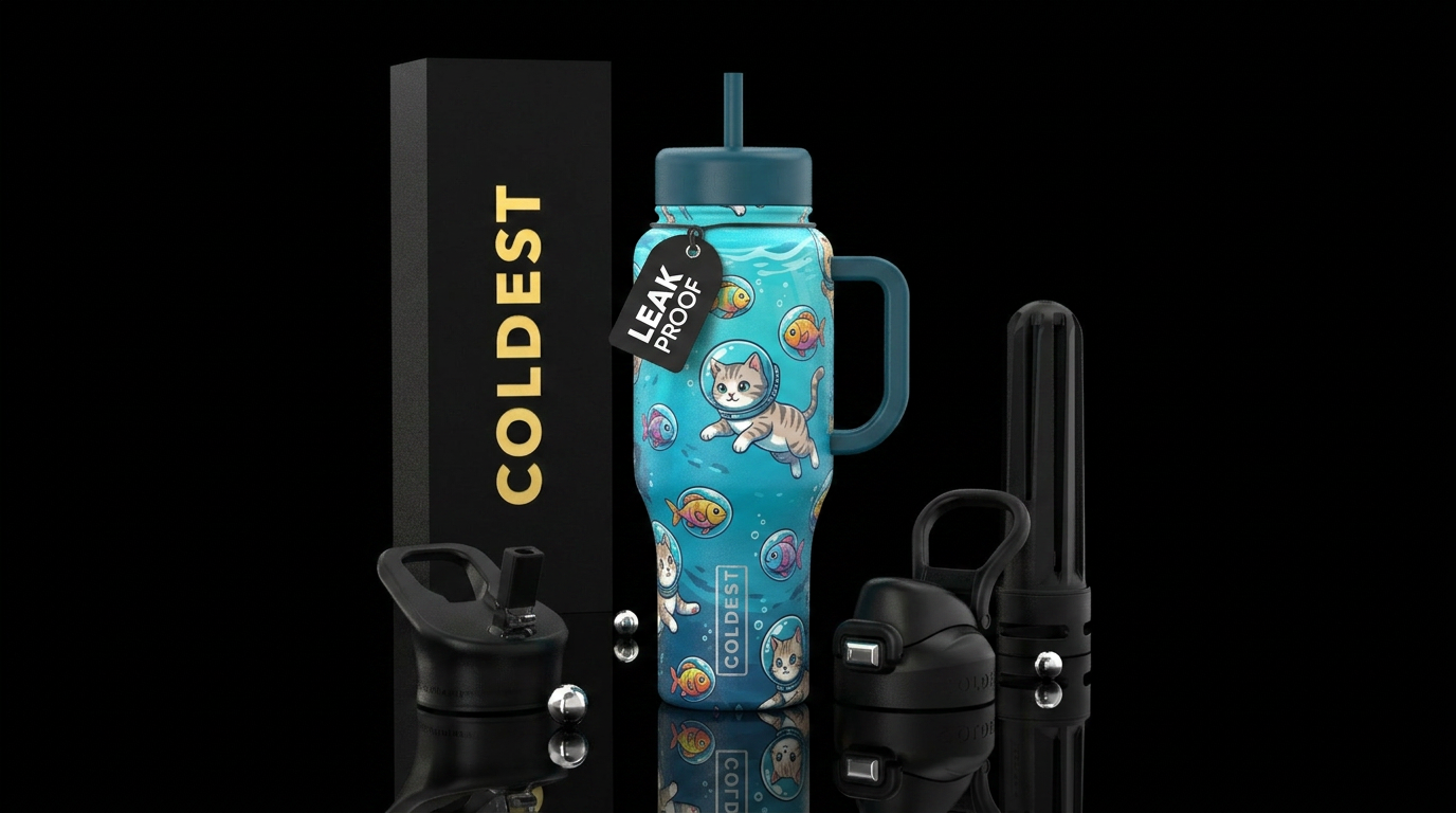 Sea blue bottle with cute cats swimming with fish ... water bottle design
