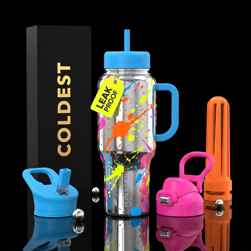 Neon orange neon yellow neon pink neon blue splatt... water bottle design