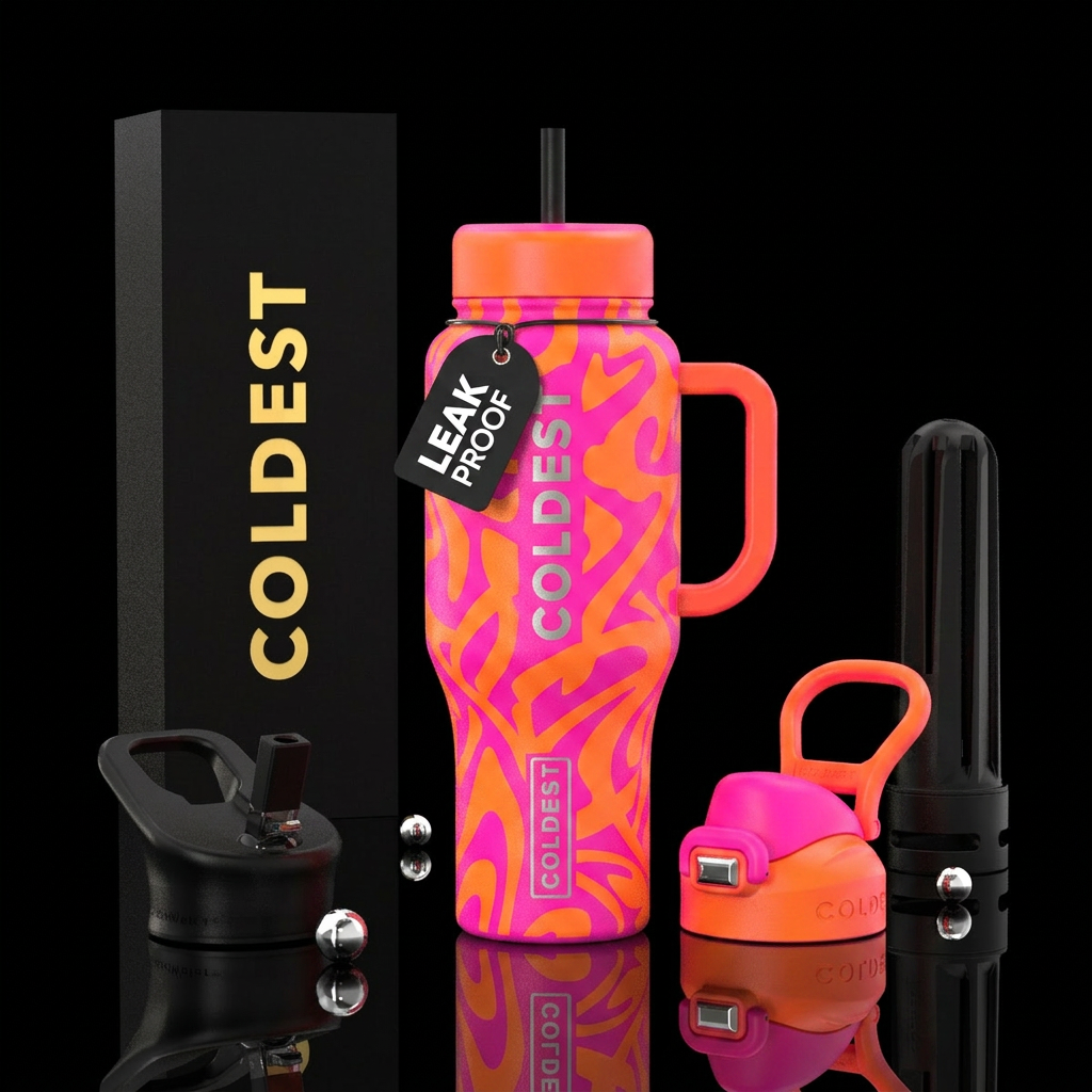Neon pink and neon orange abstract water bottle design