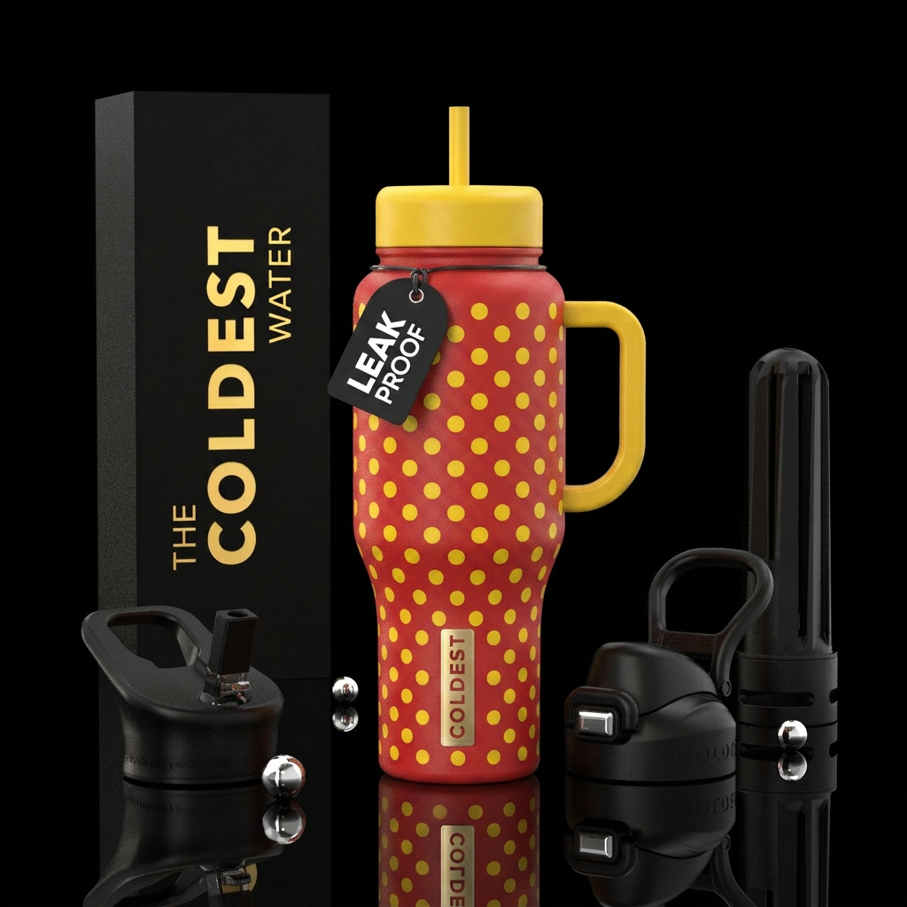 Yellow polka dot on red bottle with matching yello... water bottle design