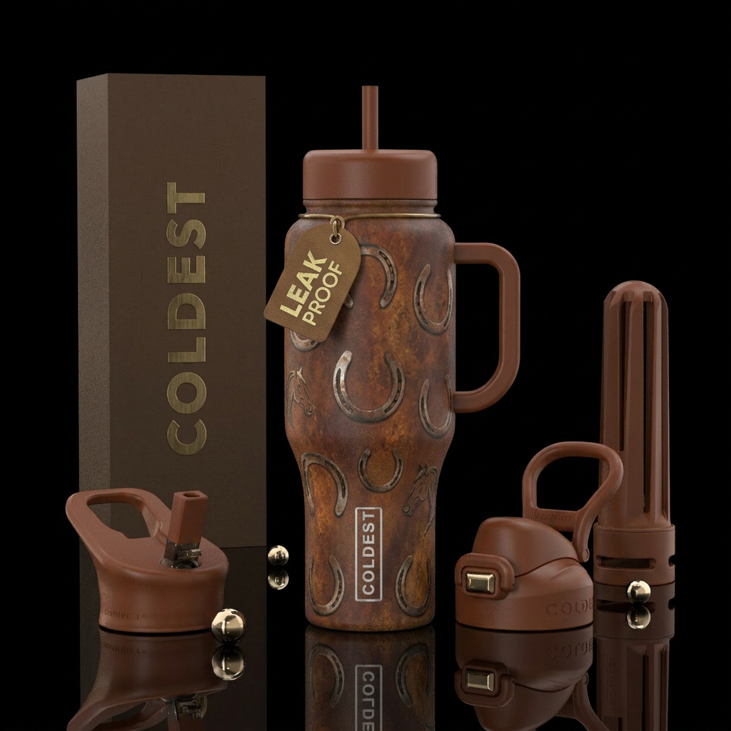 Rusty brown bottle with horseshoes on it water bottle design