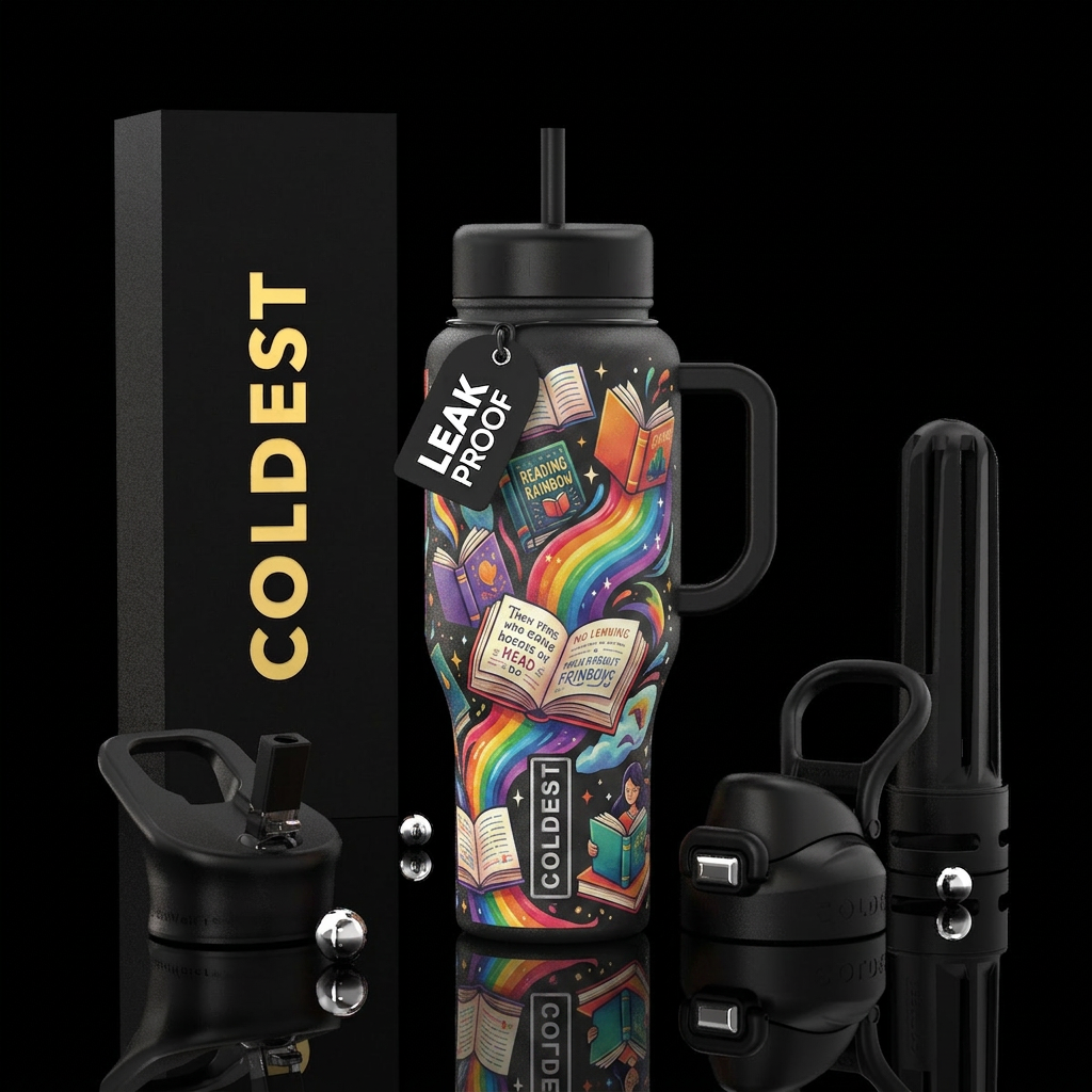 Reading rainbow inspired bottle water bottle design
