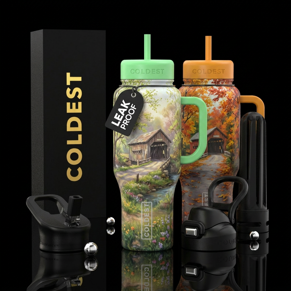 Old covered bridge on a country road one bottle in... water bottle design