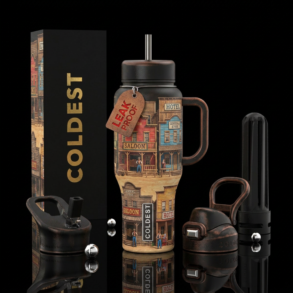 Old western town inspired bottle water bottle design
