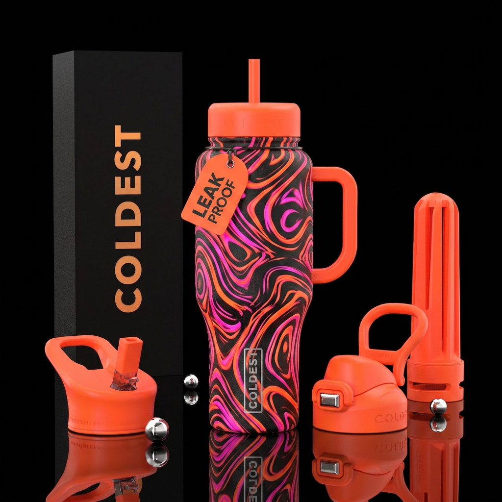 Neon pink and neon orange abstract water bottle design