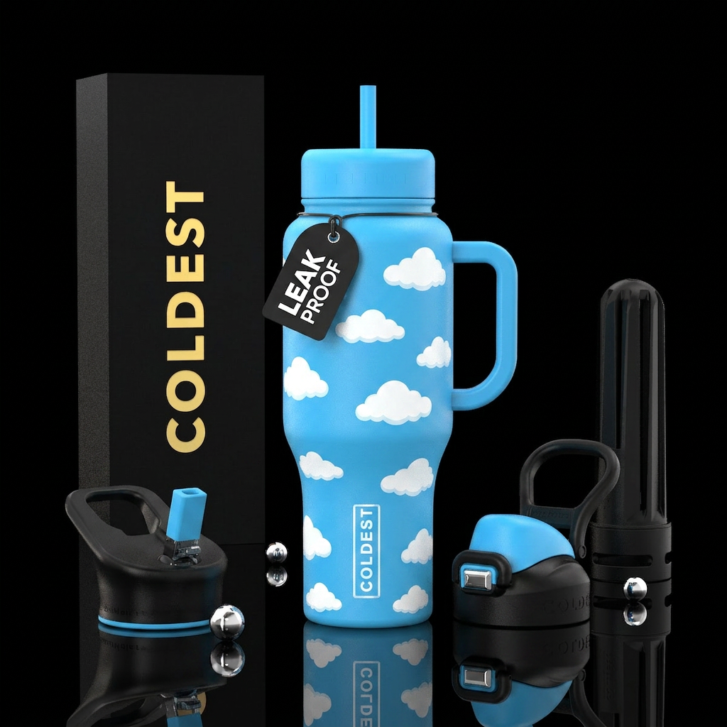 Sky blue bottle with white fluffy cartoon style cl... water bottle design