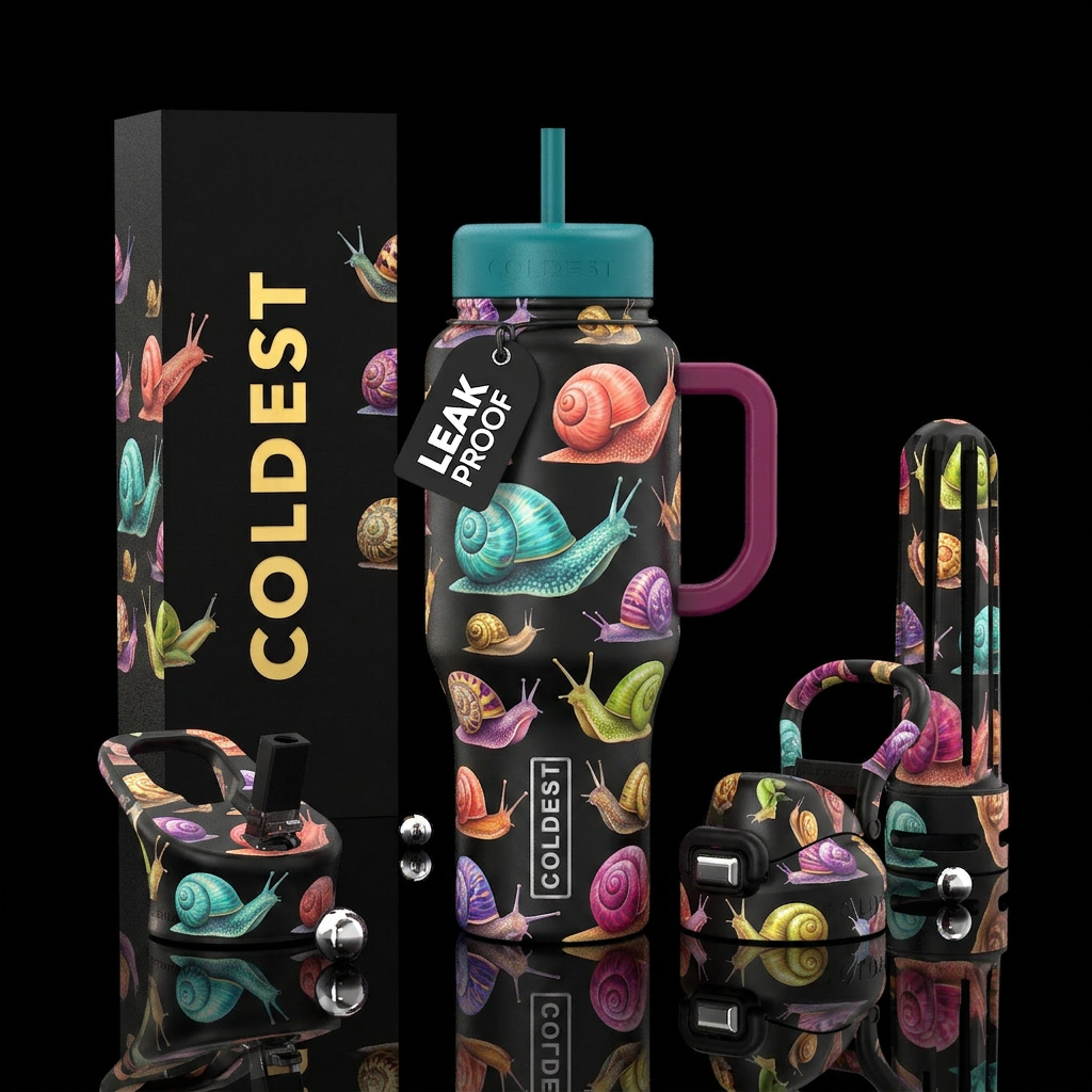 Colorful assorted size of snails water bottle design