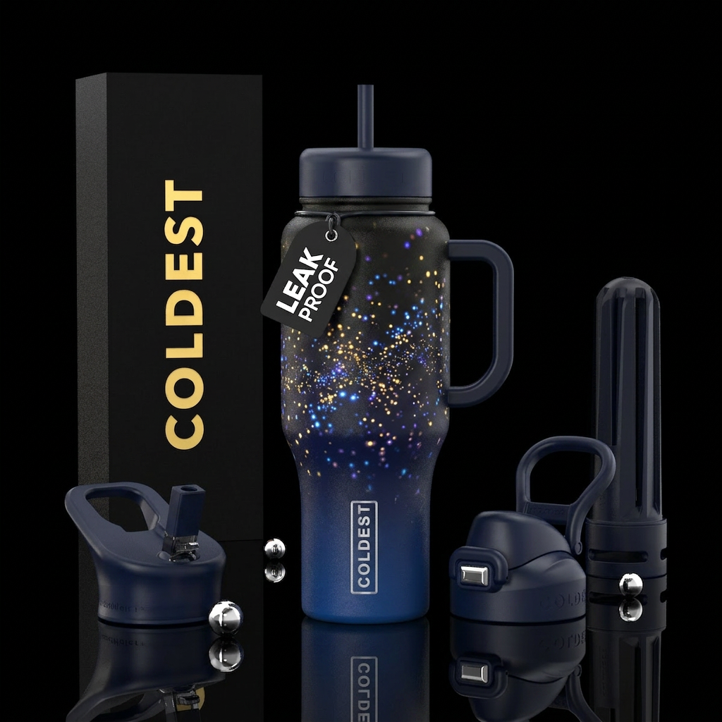 Dark blue into black bottle wrapped with glowing t... water bottle design