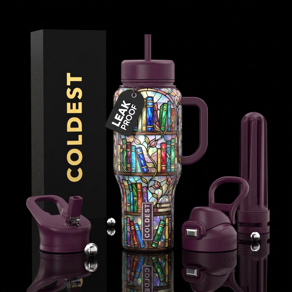 Stained glass books with flower vines on multiple ... water bottle design