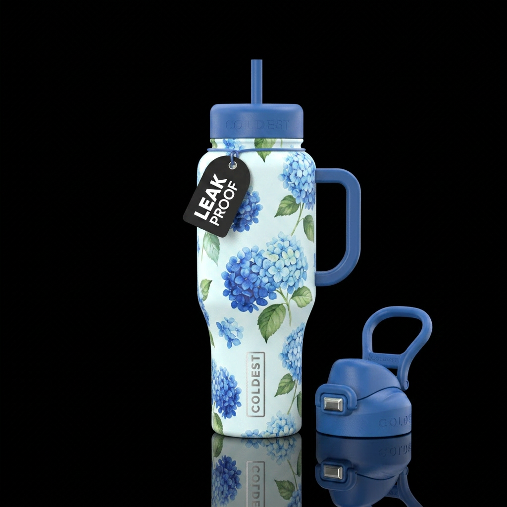 Light blue almost white cream bottle with blue hyd... water bottle design