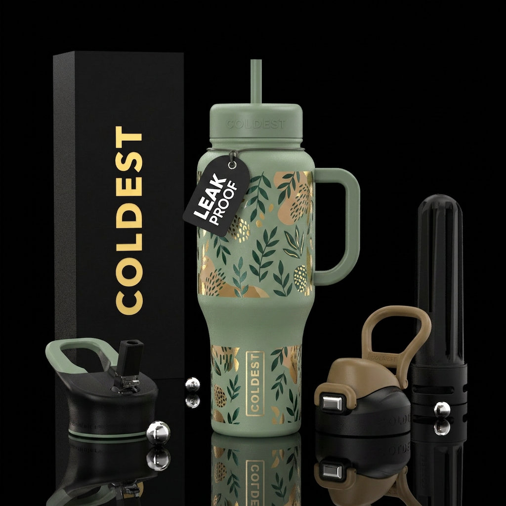 Sage green bottle. With tan,dark green, gold desig... water bottle design
