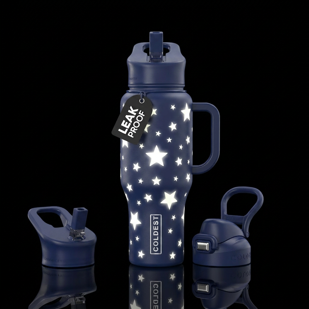 Navy blue bottle with various size white stars tha... water bottle design