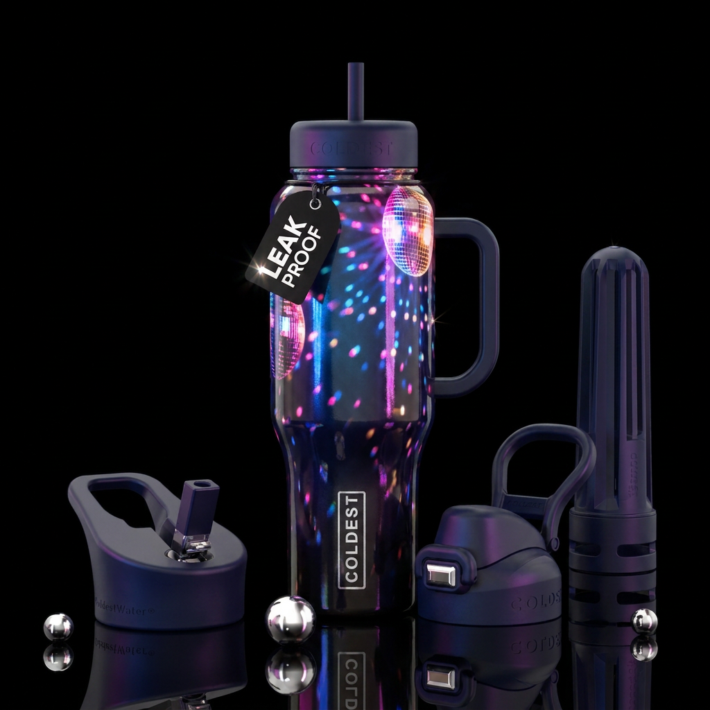 Discoball lights on a dark blue/blackish bottle water bottle design